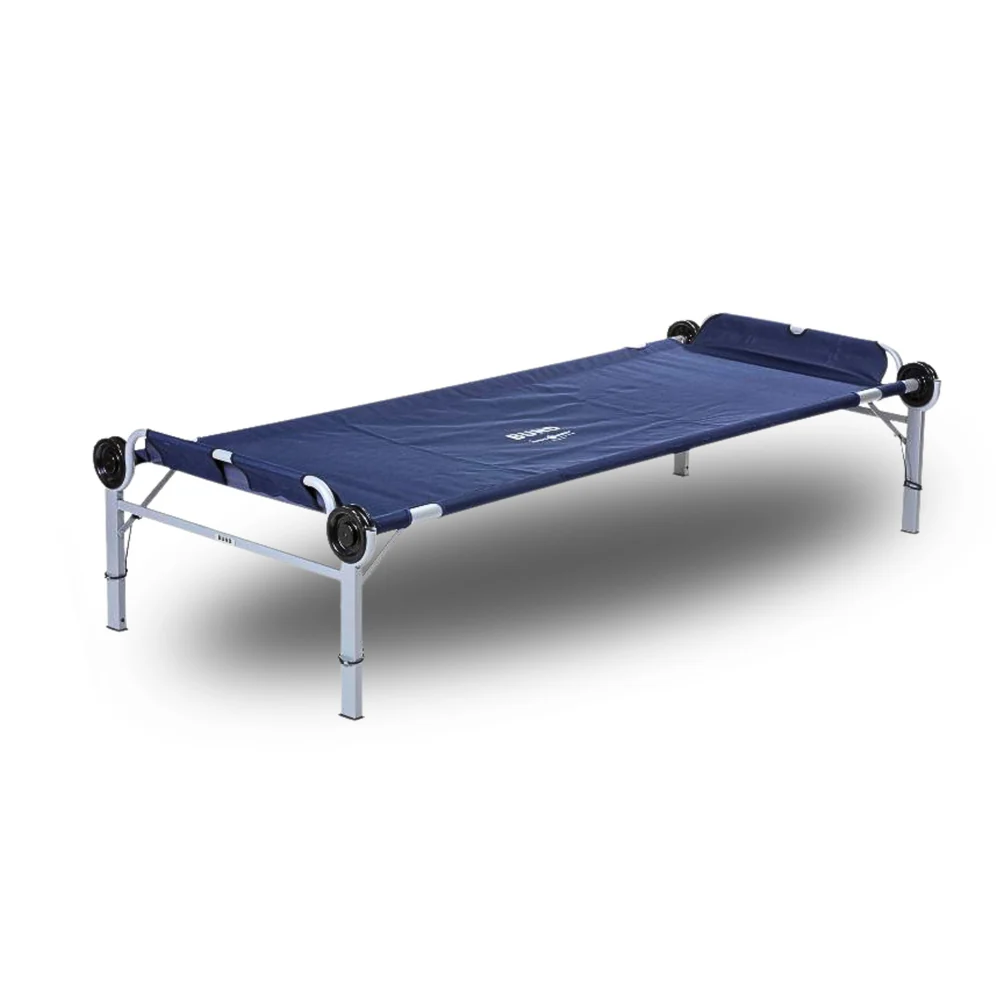 Weight19kg
Load Capacity227kg
External Dimensions220cm L x 106cm W x 56cm H
Sleeping Area212cm L x 90cm W
Bed Height47cm
Bag Dimensions108cm L x 58cm W x 11cm H
FramePowder-coated, rust-resistant steel frame
Fabric900D polyester mat with PVC coating
Packed Size109cm x 61cm x 13cm
Delivery Contents
2 frame pieces4 outer poles2 middle poles4 side stabilizers4 discs1 blue polyester mat4 foot plugs1 blue carrying bag2 stacking adapters1 safety strap